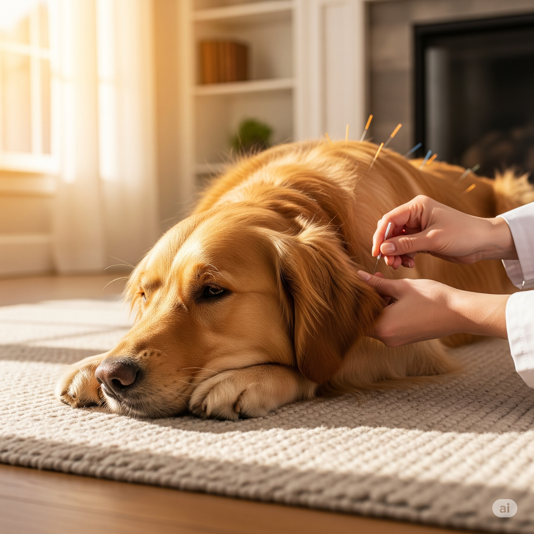 Cão calmo recebendo tratamento de acupuntura em casa.