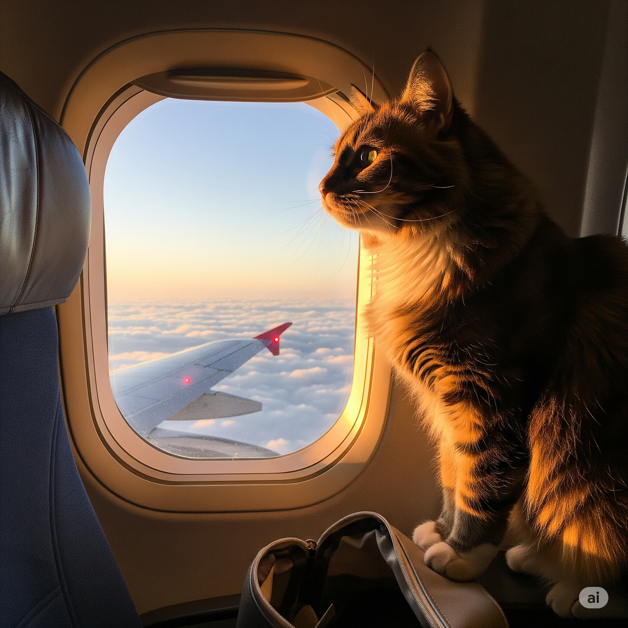 Gato olhando pela janela de um avião.