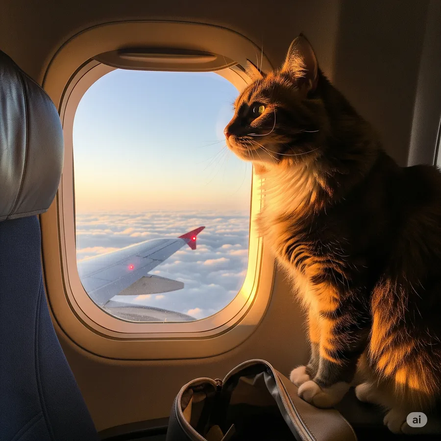Gato olhando pela janela de um avião para as nuvens e a asa da aeronave.