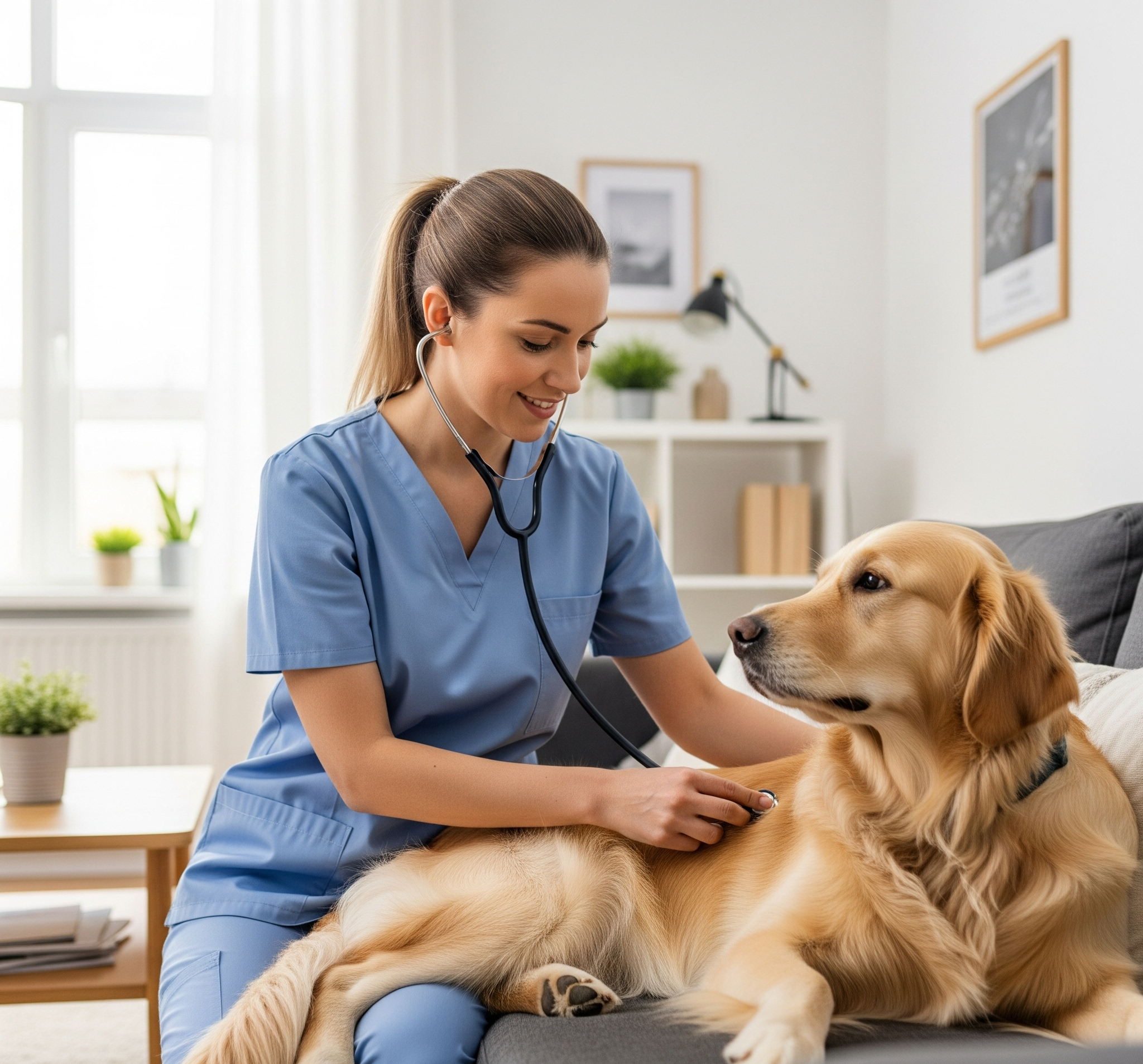 Veterinária examinando um cachorro em um sofá.