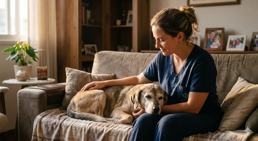 Veterinária acariciando gentilmente um cão idoso deitado em seu local favorito na casa, transmitindo conforto e serenidade.